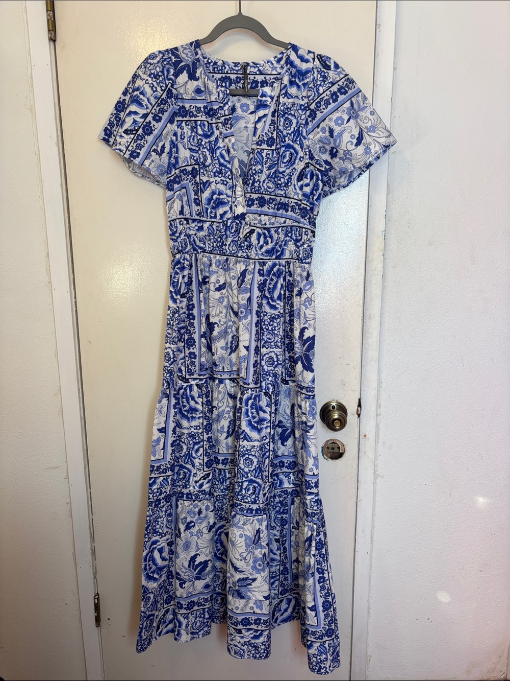 Anthropologie Blue and White Floral Tile Maxi Dress